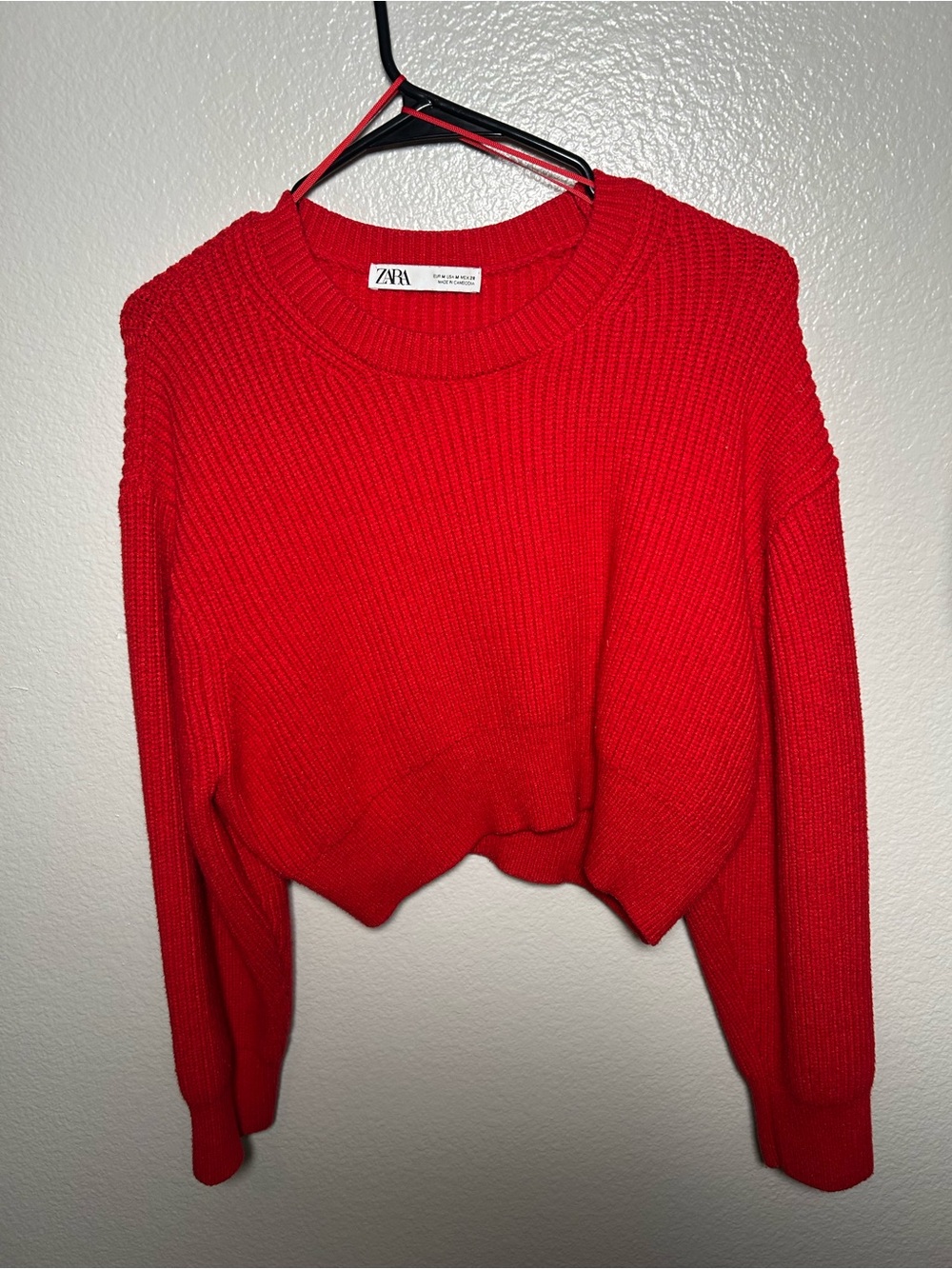 ZARA Vibrant Red Ribbed Cropped Crewneck Sweater